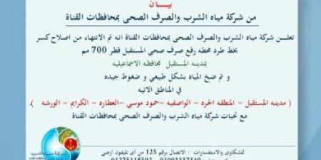 عودة ضخ المياه بمناطق مدينة المستقبل بالإسماعيلية بعد إصلاح كسر مفاجئ