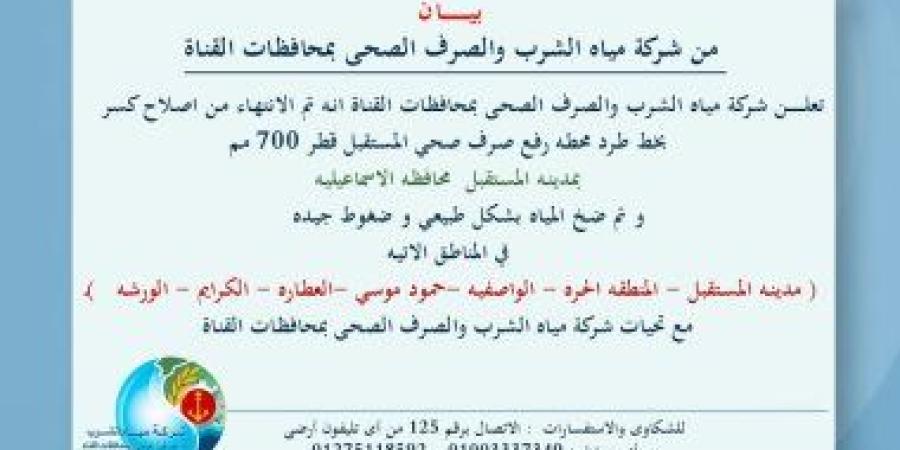 عودة ضخ المياه بمناطق مدينة المستقبل بالإسماعيلية بعد إصلاح كسر مفاجئ